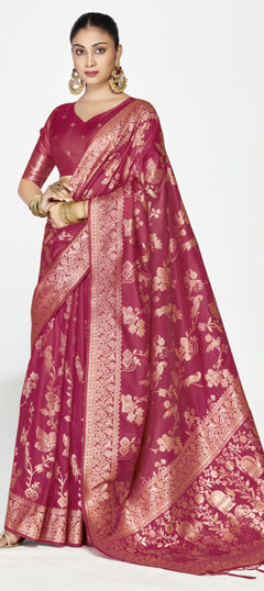 Pink and Majenta color Saree in Banarasi Silk fabric with Weaving work