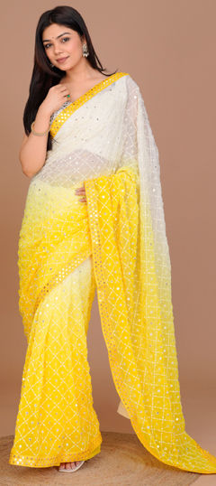 White and Off White, Yellow color Saree in Georgette fabric with Embroidered, Sequence, Thread work