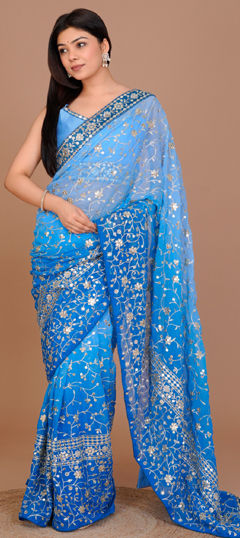 Blue color Saree in Georgette fabric with Embroidered, Sequence, Thread work