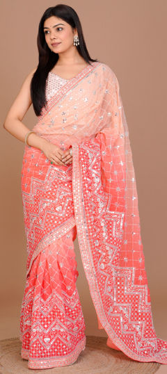 Pink and Majenta color Saree in Georgette fabric with Embroidered, Sequence, Thread work
