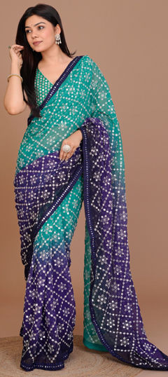 Blue color Saree in Georgette fabric with Embroidered, Sequence, Thread work