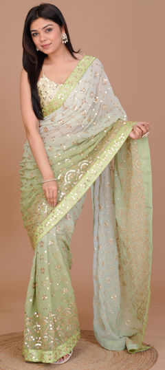 Green color Saree in Georgette fabric with Embroidered, Sequence, Thread work