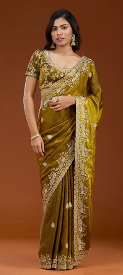 Gold color Saree in Satin Silk fabric with Embroidered, Thread, Zari work