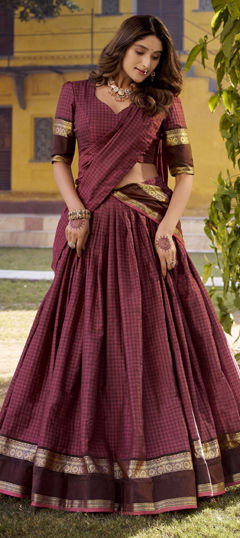 Beige and Brown color Lehenga in Cotton fabric with Weaving work