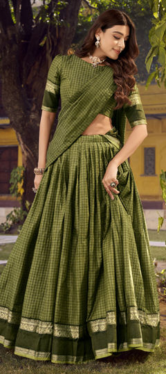 Green color Lehenga in Cotton fabric with Weaving work