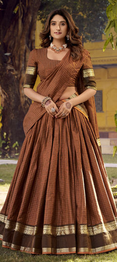 Orange color Lehenga in Cotton fabric with Weaving work