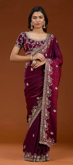 Pink and Majenta color Saree in Satin Silk fabric with Embroidered, Thread, Zari work