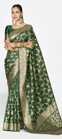 Green color Saree in Banarasi Silk fabric with Weaving work