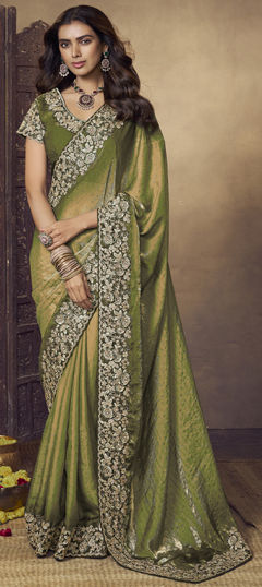 Green color Saree in Satin Silk fabric with Bugle Beads, Sequence, Thread work