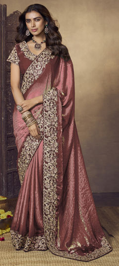 Pink and Majenta color Saree in Satin Silk fabric with Bugle Beads, Sequence, Thread work