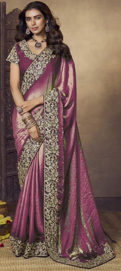 Purple and Violet color Saree in Satin Silk fabric with Bugle Beads, Sequence, Thread work
