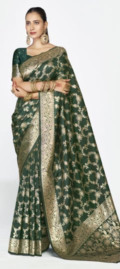 Green color Saree in Banarasi Silk fabric with Weaving work