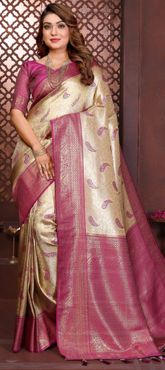 Beige and Brown color Saree in Banarasi Silk, Tissue fabric with Weaving work