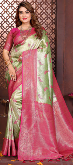 Green color Saree in Banarasi Silk, Tissue fabric with Weaving work