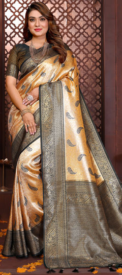 Yellow color Saree in Banarasi Silk, Tissue fabric with Weaving work