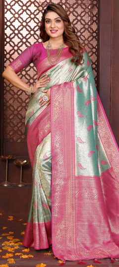 Blue color Saree in Banarasi Silk, Tissue fabric with Weaving work