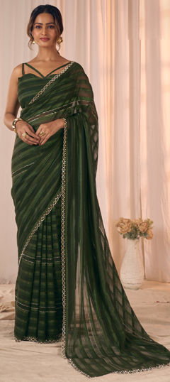 Green color Saree in Georgette fabric with Zircon work