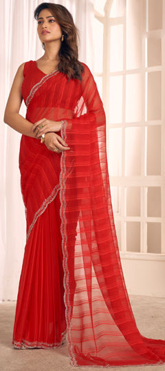 Red and Maroon color Saree in Georgette fabric with Cut Dana, Stone work