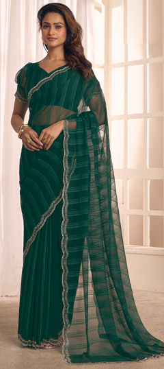 Green color Saree in Georgette fabric with Cut Dana, Stone work