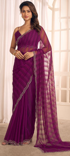 Purple and Violet color Saree in Georgette fabric with Cut Dana, Stone work