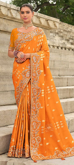 Orange color Saree in Organza Silk, Tissue fabric with Embroidered, Sequence, Zari work