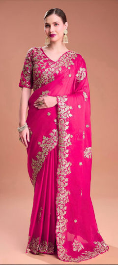 Pink and Majenta color Saree in Silk fabric with Embroidered, Sequence, Thread, Zari work