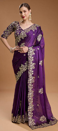 Purple and Violet color Saree in Silk fabric with Embroidered, Sequence, Thread, Zari work