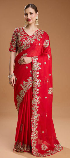 Red and Maroon color Saree in Silk fabric with Embroidered, Sequence, Thread, Zari work