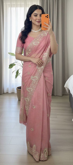 Pink and Majenta color Saree in Satin Silk fabric with Embroidered, Thread work