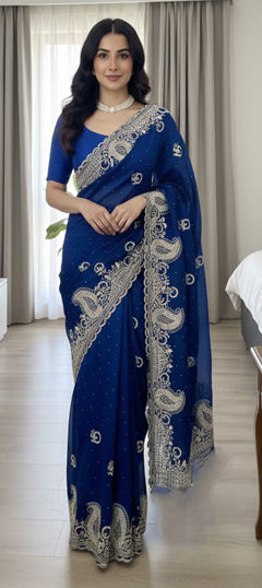 Green color Saree in Satin Silk fabric with Embroidered, Thread work