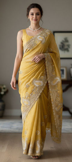 Yellow color Saree in Satin Silk fabric with Embroidered, Thread work