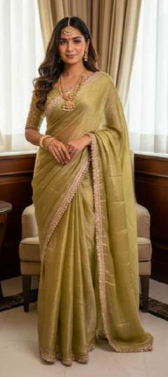 Gold color Saree in Chiffon fabric with Lace work