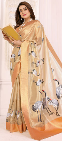 Beige and Brown color Saree in Tissue fabric with Printed work