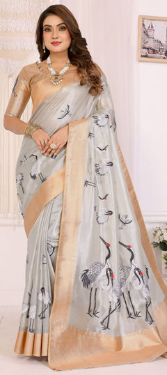 Black and Grey color Saree in Tissue fabric with Printed work