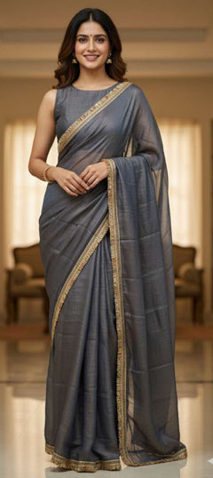 Black and Grey color Saree in Chiffon fabric with Lace work