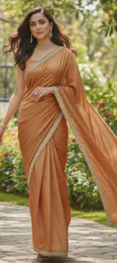 Orange color Saree in Chiffon fabric with Lace work