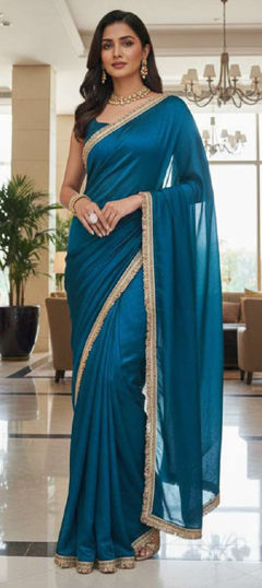 Blue color Saree in Chiffon fabric with Lace work