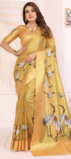 Gold color Saree in Tissue fabric with Printed work