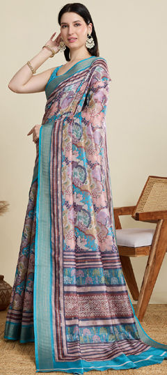 Blue color Saree in Cotton fabric with Floral, Printed, Zari work