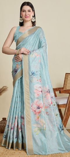 Blue color Saree in Cotton fabric with Floral, Printed, Zari work