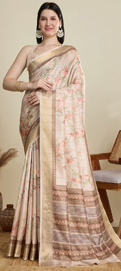 Beige and Brown color Saree in Cotton fabric with Floral, Printed, Zari work