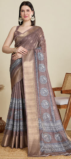 Beige and Brown color Saree in Cotton fabric with Floral, Printed, Zari work