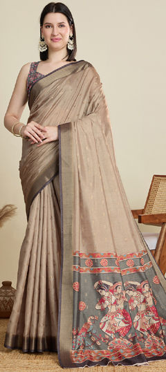 Beige and Brown color Saree in Cotton fabric with Floral, Printed, Zari work