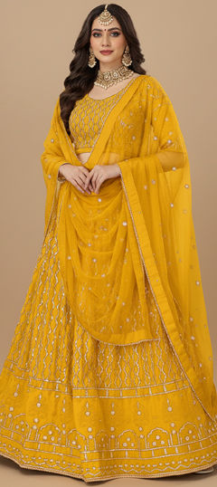 Yellow color Lehenga in Faux Georgette fabric with Embroidered, Sequence, Zari work