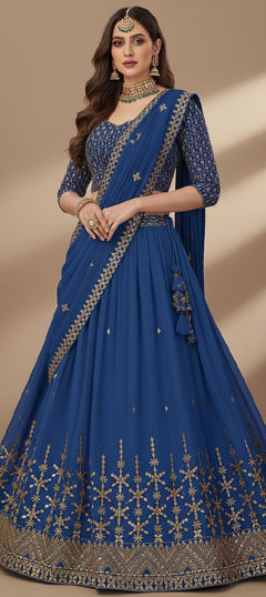 Blue color Lehenga in Georgette fabric with Embroidered, Sequence, Thread, Zari work