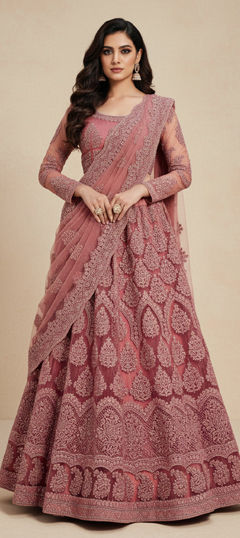 Pink and Majenta color Lehenga in Net fabric with Embroidered work