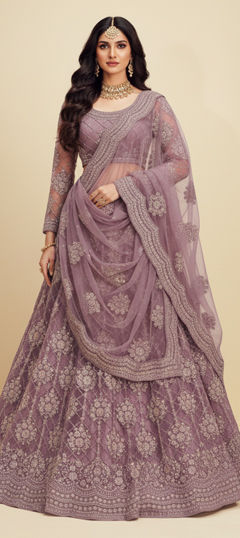 Purple and Violet color Lehenga in Net fabric with Embroidered, Stone work