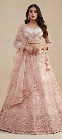 Pink and Majenta color Lehenga in Net fabric with Stone, Thread work