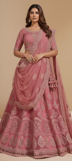 Pink and Majenta color Lehenga in Net fabric with Stone, Thread work