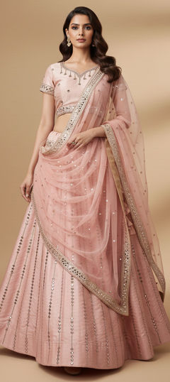 Pink and Majenta color Lehenga in Silk fabric with Embroidered, Mirror, Zircon work